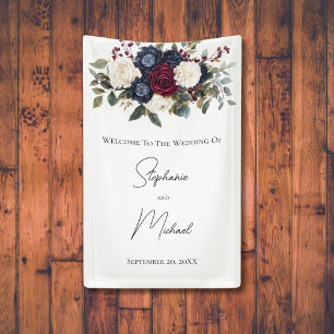 Burgundy Navy Blue White Floral Elegant Wedding Banner