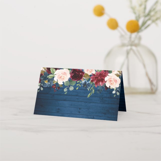 Burgundy Navy Blue Wood Blush Floral Wedding Place Card (Front)