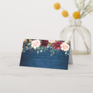 Burgundy Navy Blue Wood Blush Floral Wedding Place Card