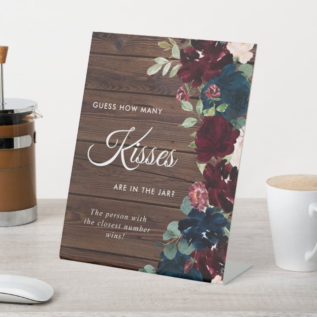 Burgundy & Navy Blue Wood How Many Kisses Sign (In SItu)