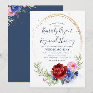 Burgundy Navy Blush and Gold Floral Rustic Wedding Invitation