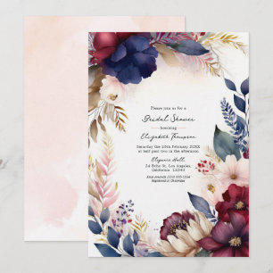 Burgundy, Navy, Blush Boho Floral Bridal Shower Invitation