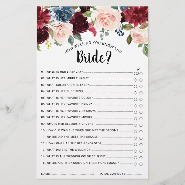 Burgundy Navy Blush Bridal Shower Game (Front)