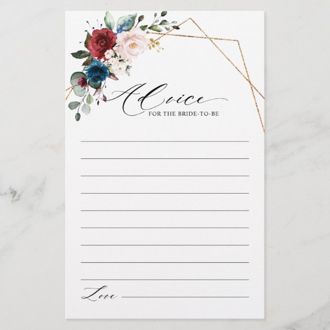 Burgundy Navy Blush Floral Bridal Shower Advice (Front)