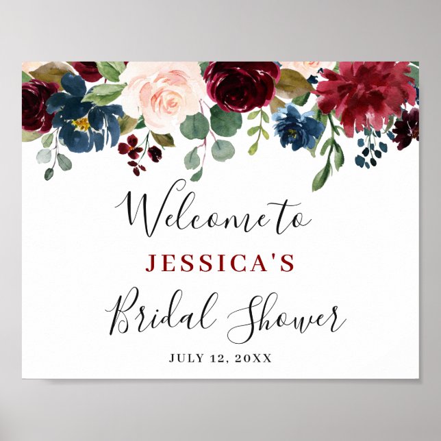 Burgundy Navy Blush Floral BRIDAL SHOWER Welcome Poster (Front)