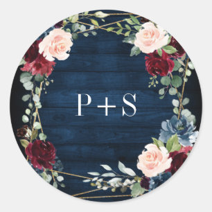 Burgundy Navy Blush Floral Geometric Wedding Classic Round Sticker
