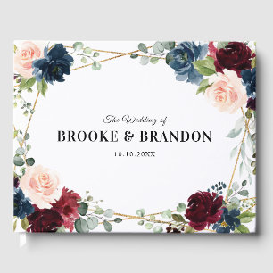 Burgundy Navy Blush Floral Geometric Wedding Guest Book