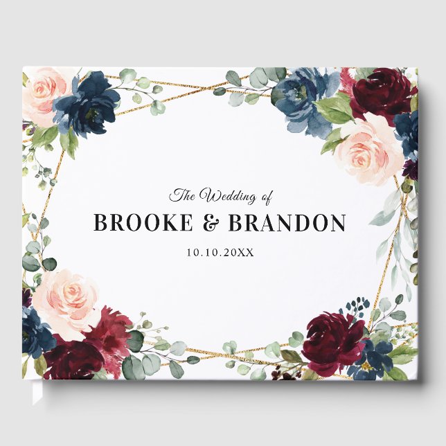 Burgundy Navy Blush Floral Geometric Wedding Guest Book (Front)