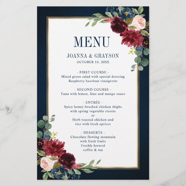 Burgundy Navy Blush Floral Geometric Wedding Menu (Front)