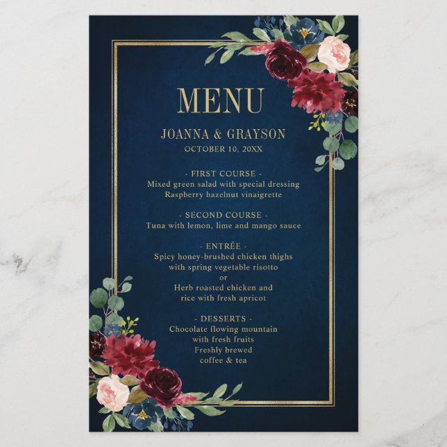 Burgundy Navy Blush Floral Geometric Wedding Menu (Front)