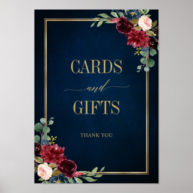 Burgundy Navy Blush Floral Gold Cards and Gifts Poster (Front)