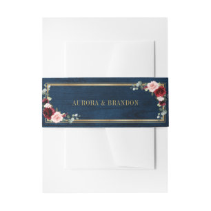 Burgundy Navy Blush Floral Gold Geometric Wedding  Invitation Belly Band