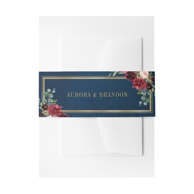 Burgundy Navy Blush Floral Gold Geometric Wedding Invitation Belly Band (Front Example)