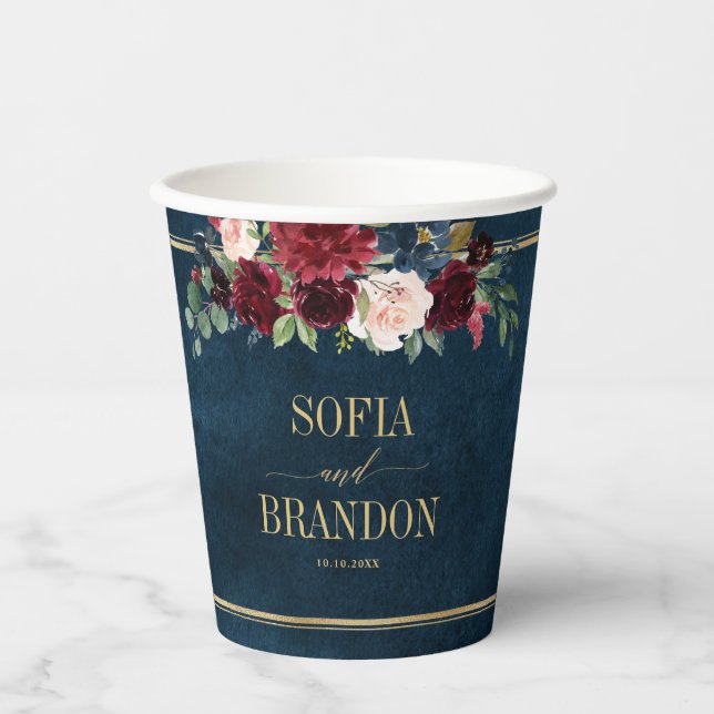 Burgundy Navy Blush Floral Gold Geometric Wedding Paper Cups (Front)