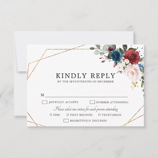 Burgundy Navy Blush Floral Gold Geometric Wedding RSVP Card (Front)