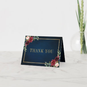 Burgundy Navy Blush Floral Gold Geometric Wedding Thank You Card