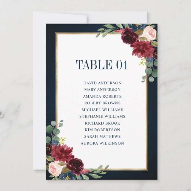 Burgundy Navy Blush Floral Gold Seating Chart Card (Front)