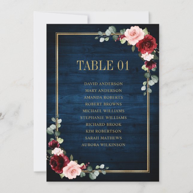 Burgundy Navy Blush Floral Gold Seating Chart Card (Front)