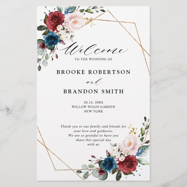 Burgundy Navy Blush Floral Gold Wedding Program (Front)