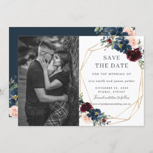 Burgundy Navy Blush Floral Photo Save the Date Invitation