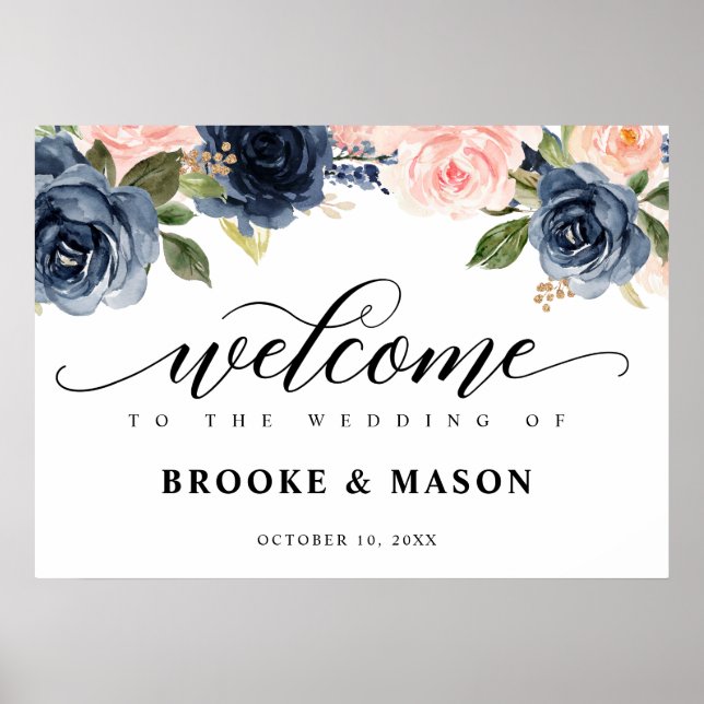 Burgundy Navy Blush Floral Rustic Wedding Welcome Poster (Front)