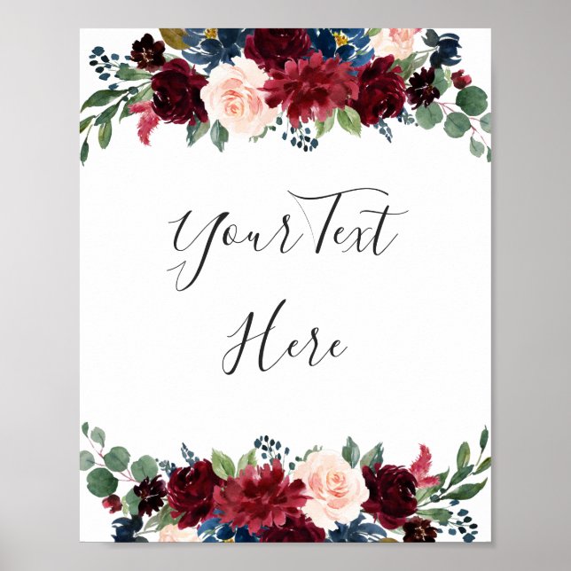 Burgundy Navy Blush Floral Watercolor Custom Poster (Front)