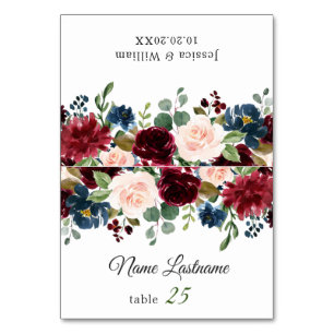 Burgundy Navy Blush Floral Wedding Escort Card