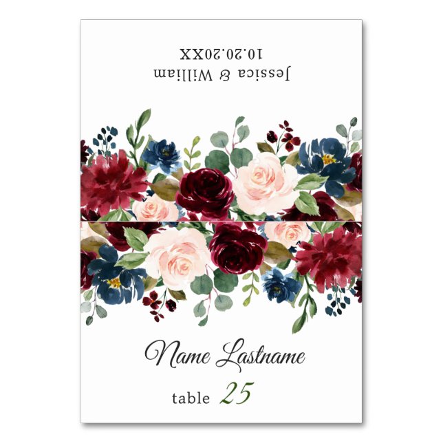 Burgundy Navy Blush Floral Wedding Escort Card (Front)