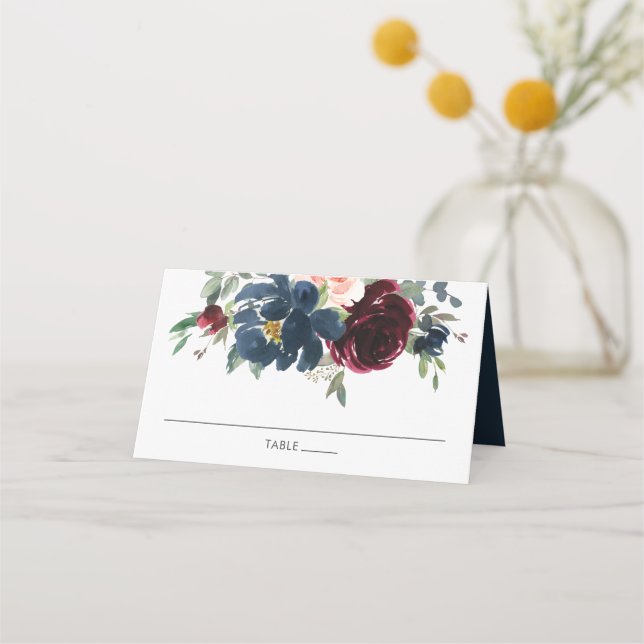 Burgundy Navy Blush Floral Wedding Guest Name Place Card (Front)