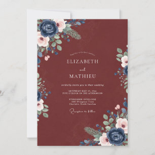 Burgundy Navy Blush Floral Wedding Invitation