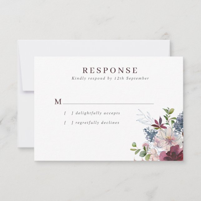 Burgundy Navy & Blush Floral Wedding RSVP Card (Front)