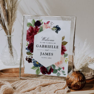 Burgundy navy & blush floral wedding sign