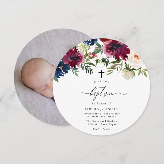 Burgundy Navy & Blush Flowers Baby Photo Baptism Invitation (Front/Back)