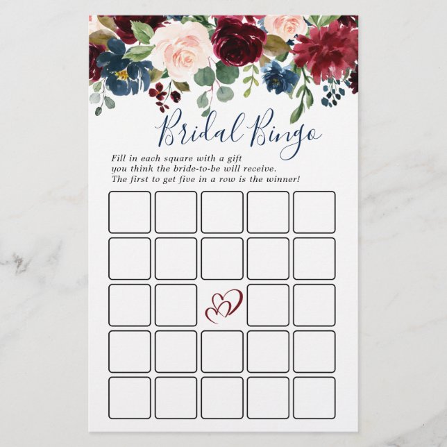 Burgundy Navy Blush Flowers Bridal Shower Games (Front)
