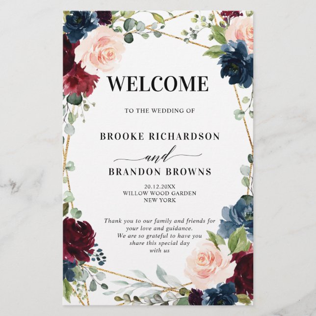 Burgundy Navy Blush Geometric Wedding Program (Front)