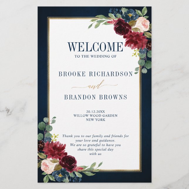 Burgundy Navy Blush Geometric Wedding Program (Front)