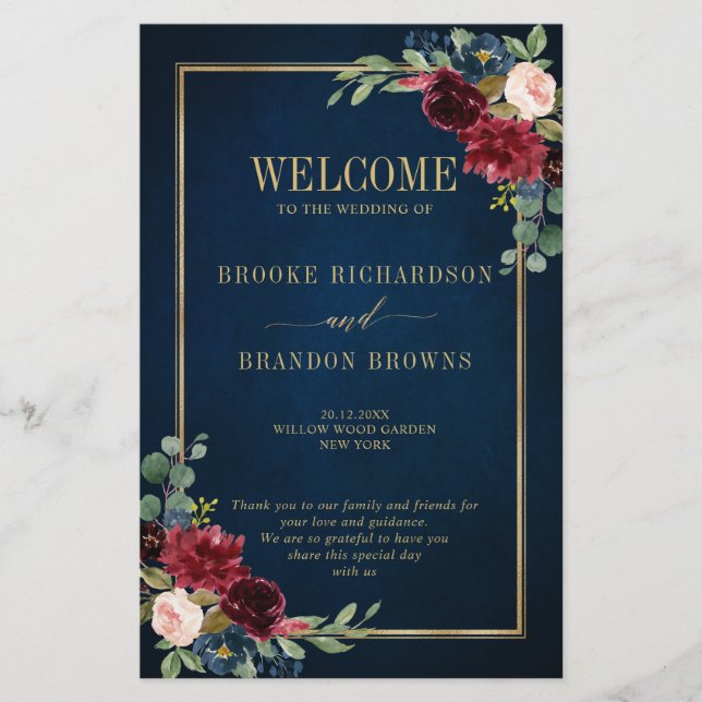 Burgundy Navy Blush Geometric Wedding Program (Front)