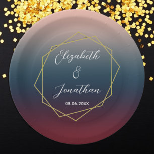 Burgundy Navy Blush Ombre Geometric Wedding Paper Plate