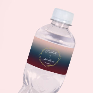 Burgundy Navy Blush Ombre Geometric Wedding Water Bottle Label