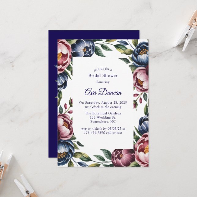 Burgundy Navy Blush Peony Bridal Shower Invitation (Front/Back In Situ)