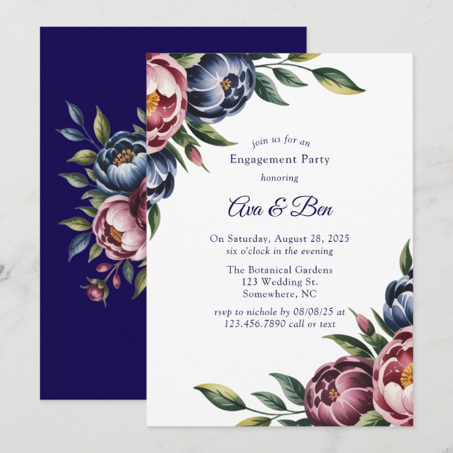Burgundy Navy Blush Peony Engagement Party Invitation (Front/Back)