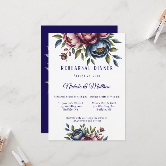 Burgundy Navy & Blush Peony Rehearsal Dinner Invitation (Front/Back In Situ)