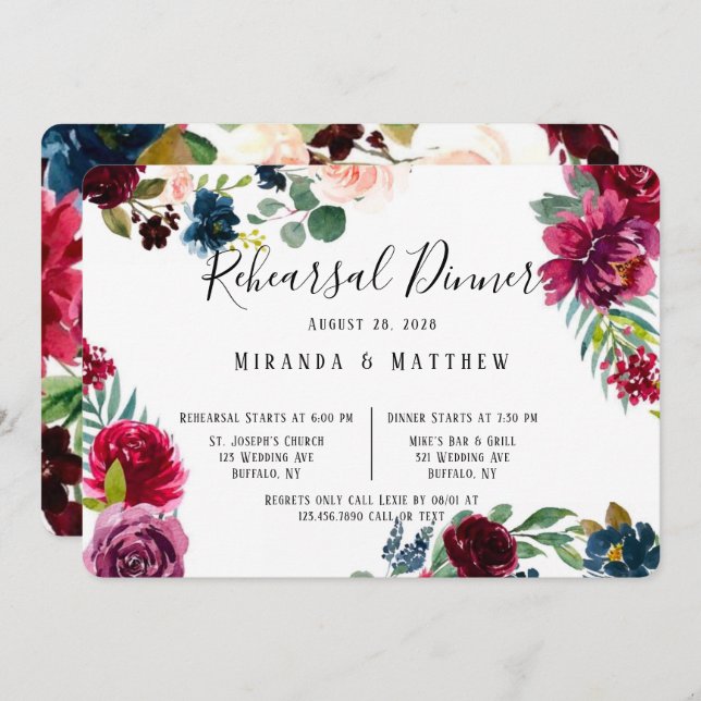 Burgundy Navy Blush Peony Rehearsal Dinner Invitation (Front/Back)