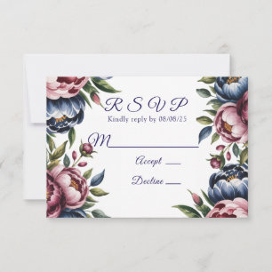Burgundy Navy Blush Peony Wedding RSVP Card