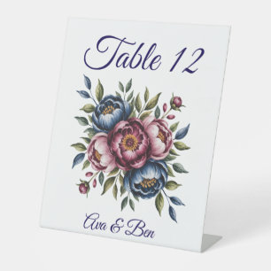 Burgundy Navy & Blush Peony Wedding Table Number Pedestal Sign