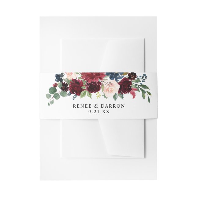 Burgundy & Navy Blush Pink Floral 2 Invitation Belly Band (Front Example)