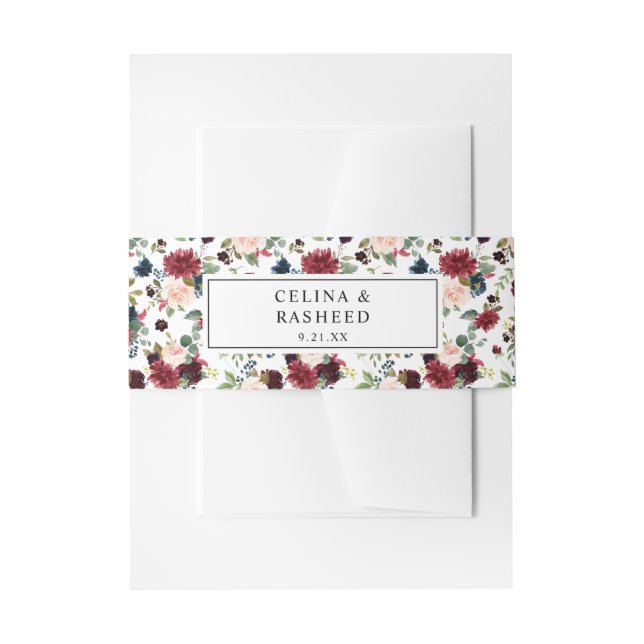 Burgundy & Navy, Blush Pink Floral 3 Invitation Belly Band (Front Example)
