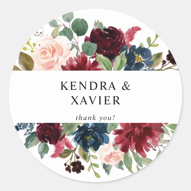 Burgundy & Navy, Blush Pink Floral Thank You Class Classic Round Sticker (Front)