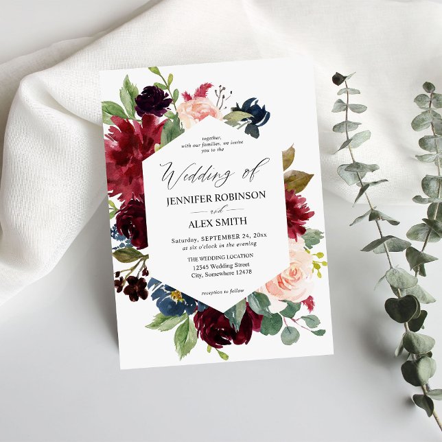 Burgundy & Navy, Blush Pink Floral Wedding Invitation (Creator Uploaded)