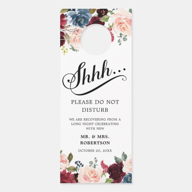Burgundy Navy Blush Roses Wedding Do Not Disturb Door Hanger (Front)